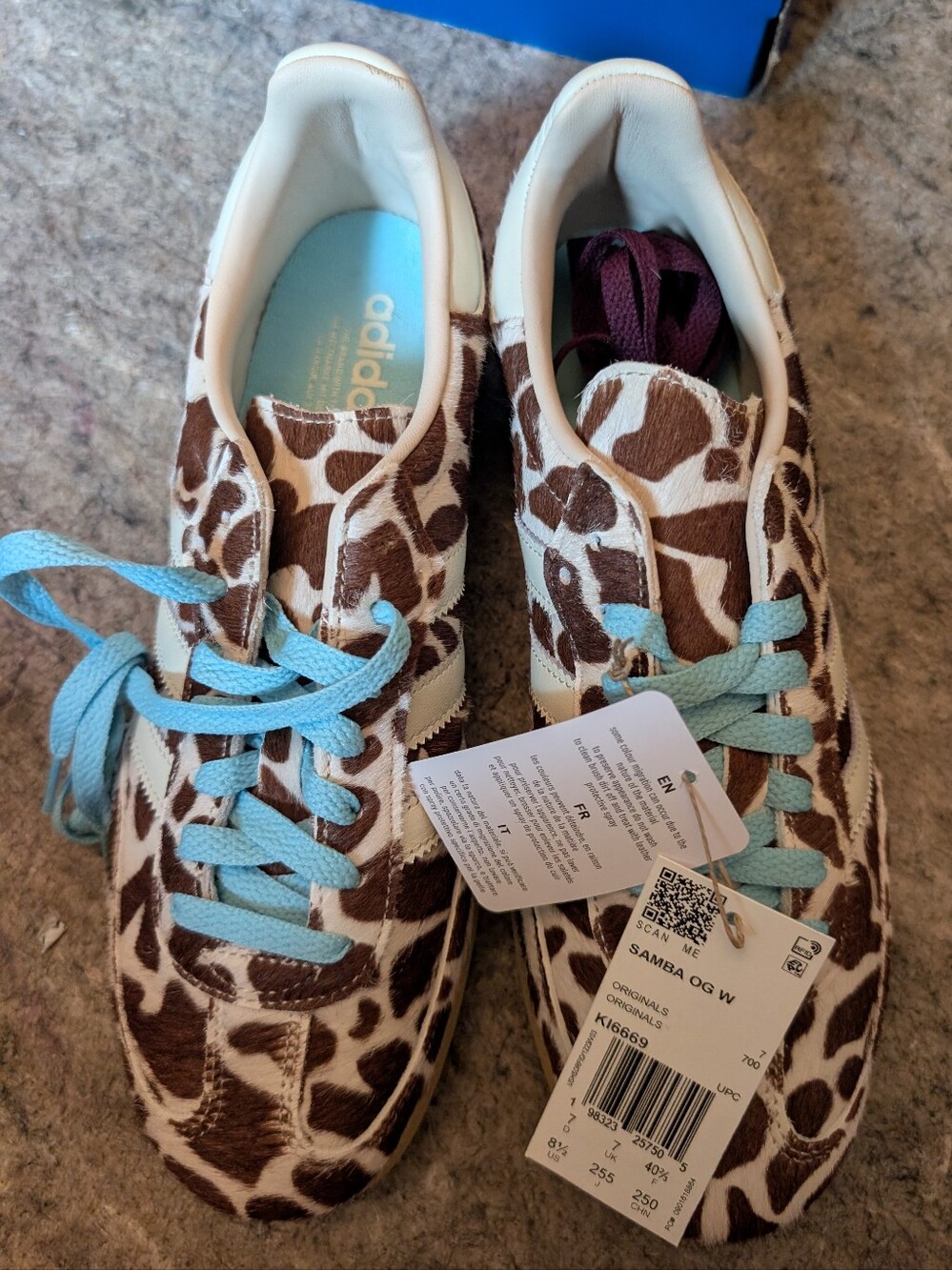adidas Samba OG Giraffe Print Sneakers - Brown, White & Light Blue Size 8.5 - Picture 2 of 6